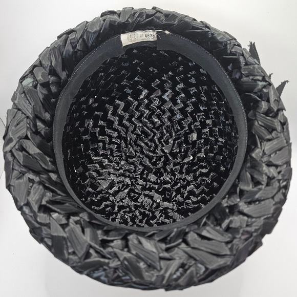 Vintage 60s Black Raffia Pillbox Hat ILGWU Jackie O Mod Cocktail‎ Mad Men